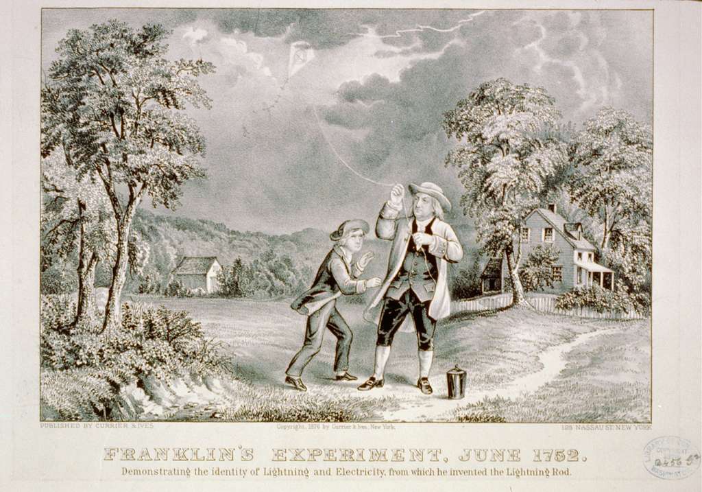 An illustration of Benjamin Franklin demonstrating the identity of lightening and electricity.